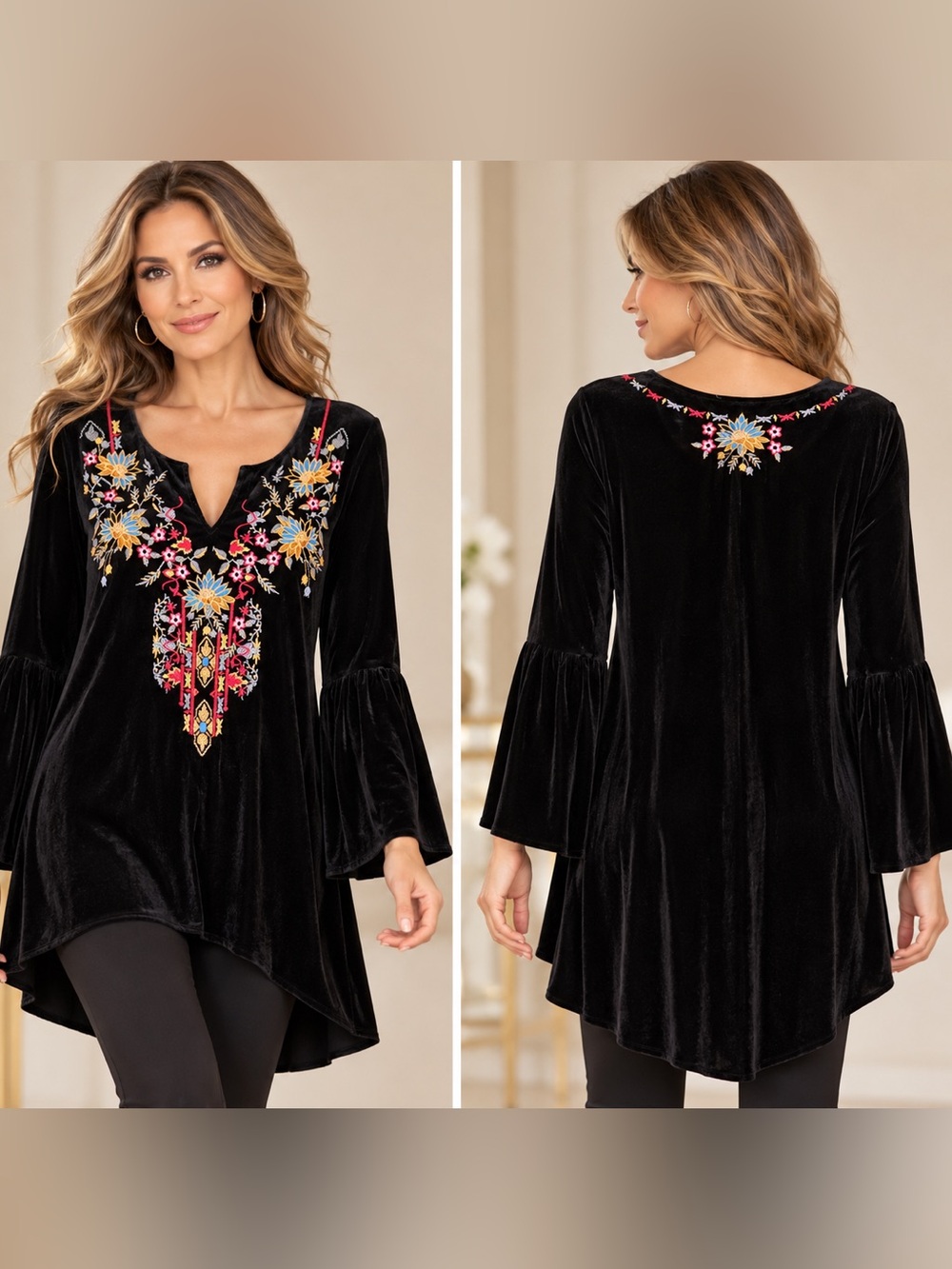 Solitaire Black Velvet Hi/Lo Embroidered Tunic Top
Size M/L